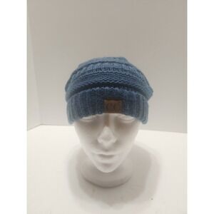 C.C Exclusives Chunky Cable Knit Beanie Hat Ponytail Opening Womans Blue
